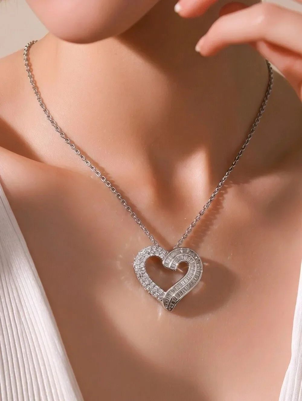 Silver CZ Open Heart Necklace | Channel Set Baguette Pave Pendant Jewelry Gift